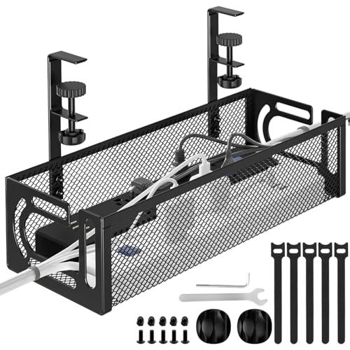Under Desk Cable Management Tray No Drill Metal Mesh Cable Management Under Desk with Clamp Mount Wire Management Tray Cord Organizer for Home Office Black