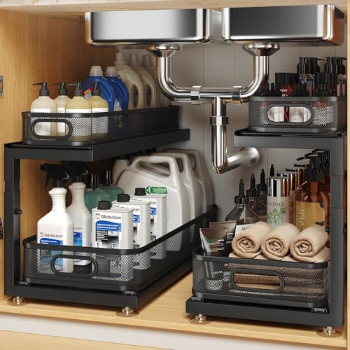 Image of 2-Pack 21.3 IN Depth Under Sink Organizer With Next-Gen Ball-Bearing Slides,Sophisticated Mesh 2-Tier Pull Out Shelf for Kitchen & Bathroom,Fits Small Items-Black