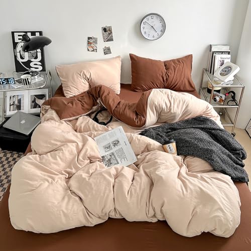 LOADFUN ベッド 4点セット 3点セット 掛け布団 枕カバー フラットシーツ セミダブル ダブル シングル 洗える 通気性 肌触り 良 色落ち防止 耐久性 ポリエステル 綿 寝室 ルーム 用 寝具 ホテル風 おしゃれ シンプル デザイン (ダブル,カ
