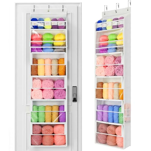 Yecaye Hanging Yarn Storage Organizer with 6 Zippered Closure Compartments Heavy Duty Stuffed Animal Storage with Clear PVC Dustproof Yarn Holder for Crocheting Storage Pearl White 6 Tier