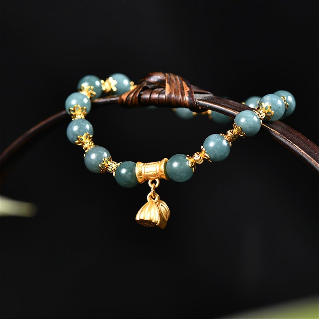 MOCHAMIK Bracciale con Cordino in Giada con Fiori retrò in Argento 925, Braccialetto di buona Fortuna a Due Mondi