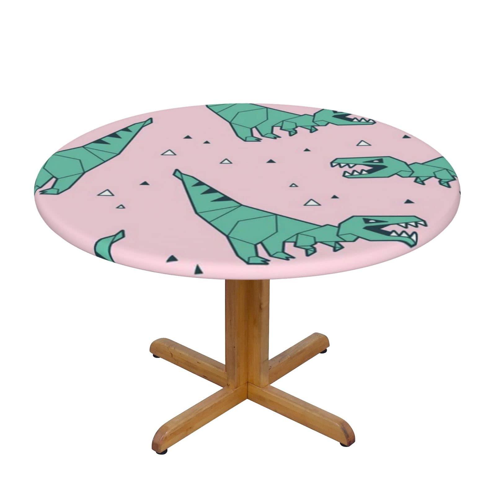 Lsjuee Round Fitted Tablecloth 45-50in Elastic Edged Table Cloth for Kitchen Dining Party Home Decor - Green Origami Dinosaur Pink