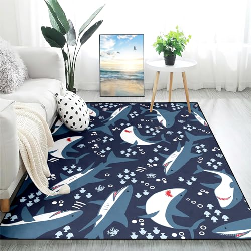 Cute Sharks Area Rugs for Boys Small Size Ocean Life Theme Carpets for Boys Bedrooms Grey Soft Shark Rugs for Living Dining Room Bedroom Kitchen Sofa Floor Mat Home Decor, 2'× 3'(35x23 Inches)