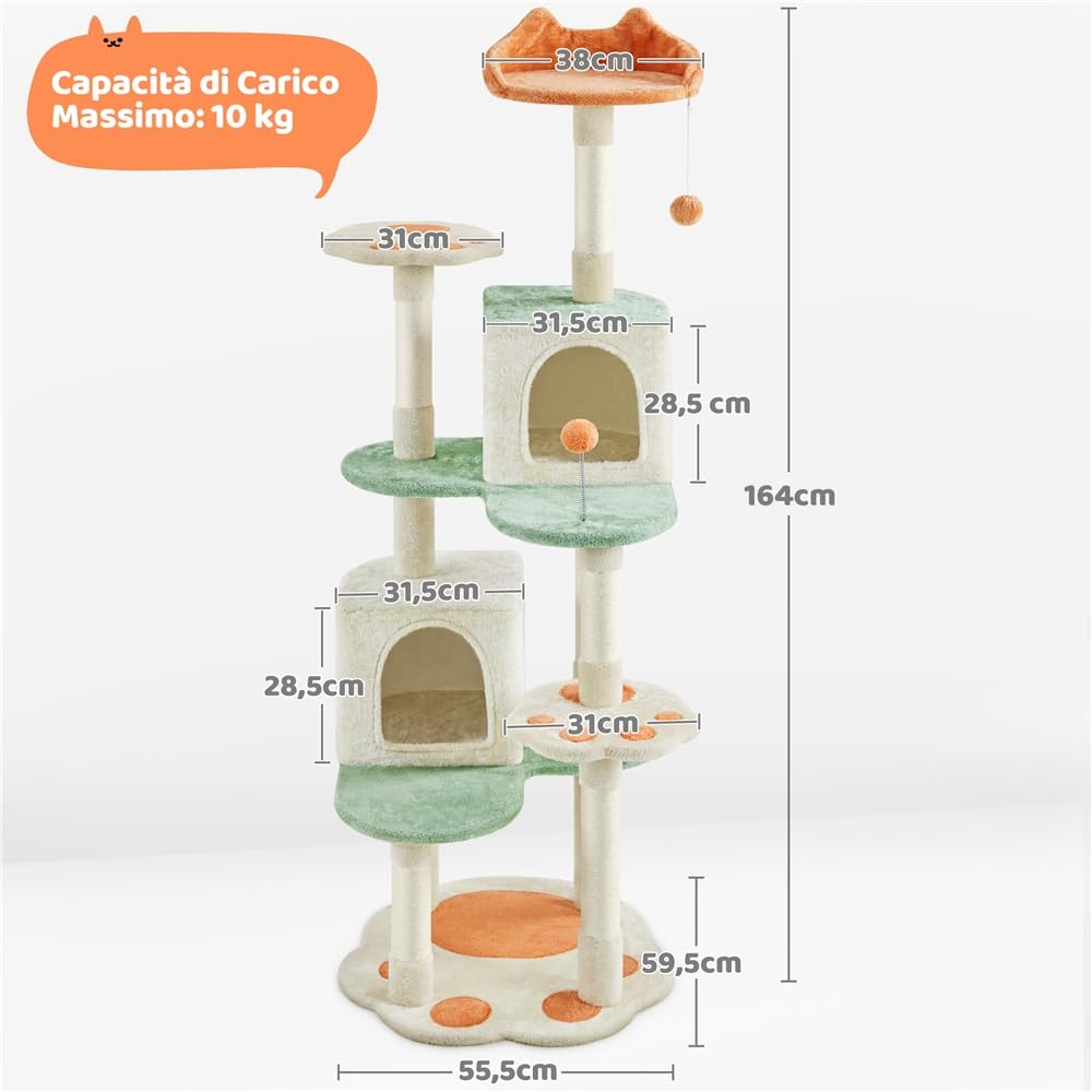 Yaheetech Albero Tiragraffi per Gatti 165 cm Cuccia per Gatto 2 Pompon, Piattaforma di riposo, Trespolo, Posatoio, Giocattoli Beige e Verde