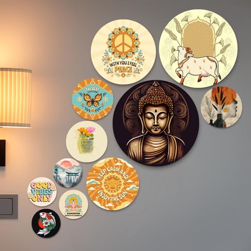 Image of RADIQORE Set of 11 Designer MDF Wooden Wall Hanging for Home Decoration | Office | Gift | Wall Decor Hanging Items | Wall Art | Living Room | Bedroom (budha)
