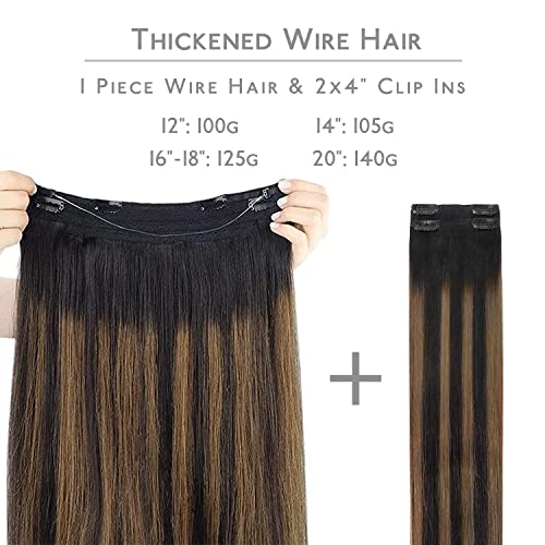 Image of WENNALIFE Wire Hair Extensions Real Human Hair 18 inch 125g Balayage Natural Easy to Apply Reusable for Volume Black to Chestnut Brown Remy Real Hair Extensions Invisible Wire Human Fish Line