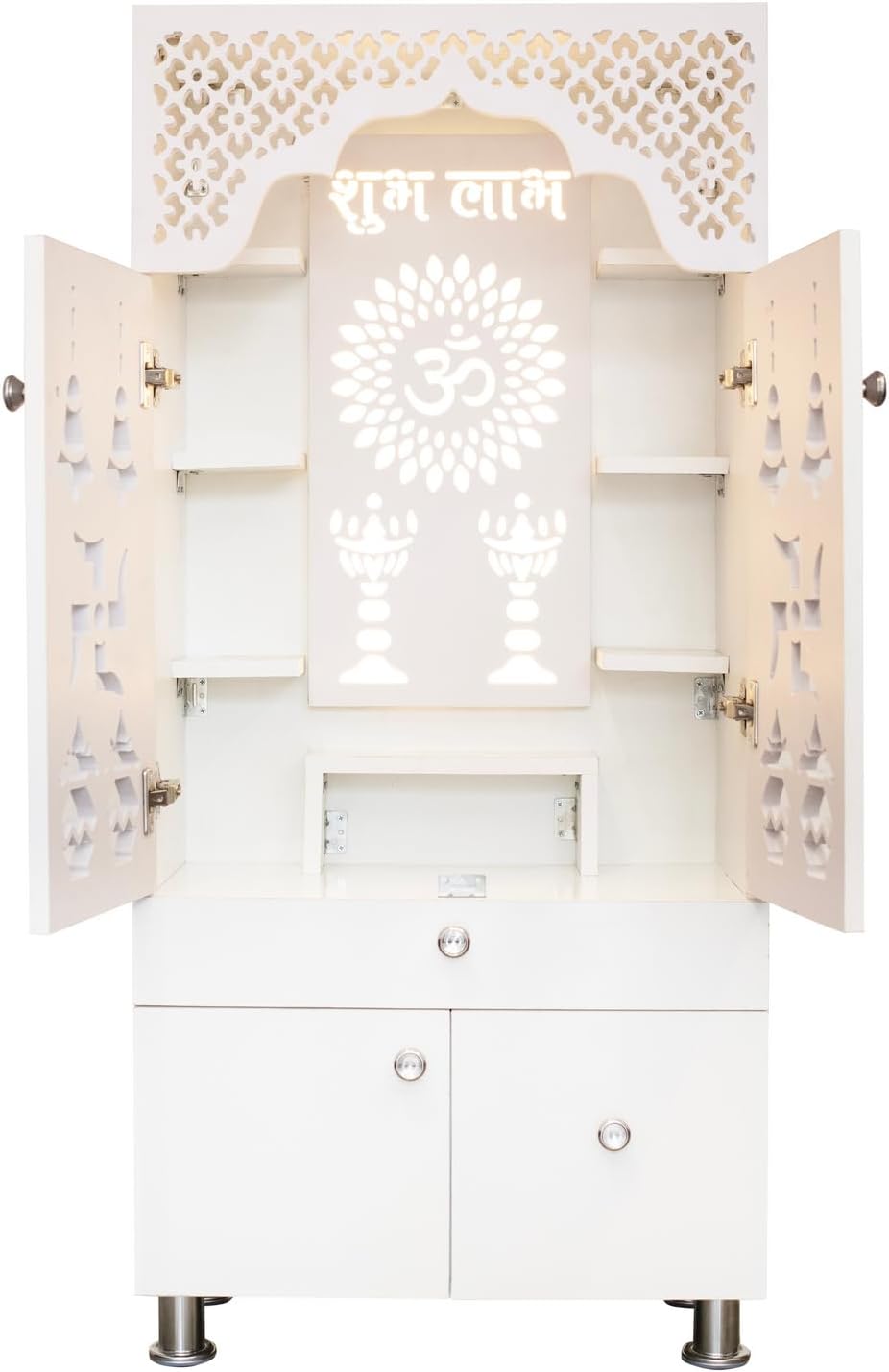 SHLOK White Home Temple with Doors and Inbuilt LED Light Engineered Wood (Height: 130, Pre-Assembled)
