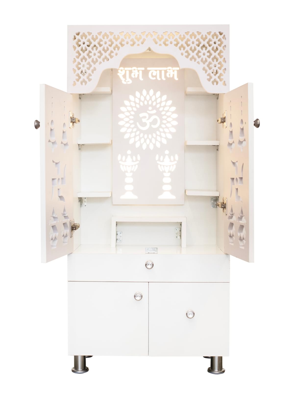 SHLOK White Home Temple with Doors and Inbuilt LED Light Engineered Wood (Height: 130, Pre-Assembled)
