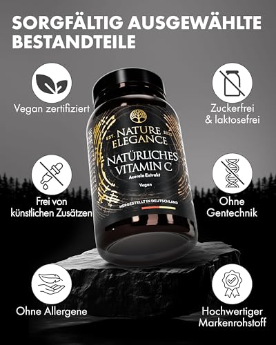 NATURE ELEGANCE Natürliches Vitamin C aus Acerola – Hochdosiert & vegan – 180 Kapseln für 6 Monate – Ohne Zusätze – Gepuffert & gut verträglich – Vitamin C hochdosiert in Deutschland produziert