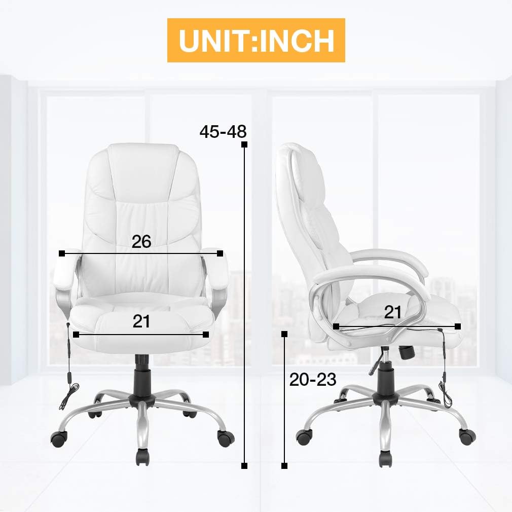 BestOffice Ergonomic White Faux Leather Executive Chair with Lumbar Support, Massage Vibration, Swivel, and Armrests for Home or Office Use