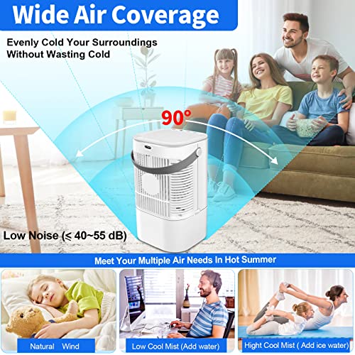Portable Air Conditioner - Personal Mini Ac Quiet Air Cooler With Handle,90° Oscillating Desktop Cooling Fan,2/4H Timer 7 Color,3 Speeds,Small Mobile Misting Fan For Home Office Work Outdoor-White #TOP1