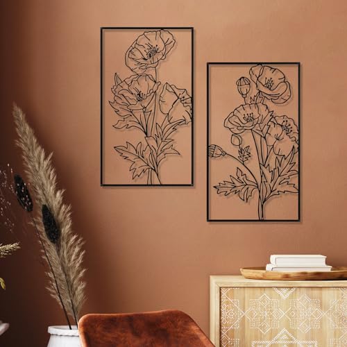 Therwen 3 Pcs Black Metal Wall Art Minimalist Wall Decor for Bedroom Flowers Decor Hanging Flower Bathroom Art Flower Line Sculpture Kitchen Decoration 16.5 x 9.8 Inch by Therwen - Image 5