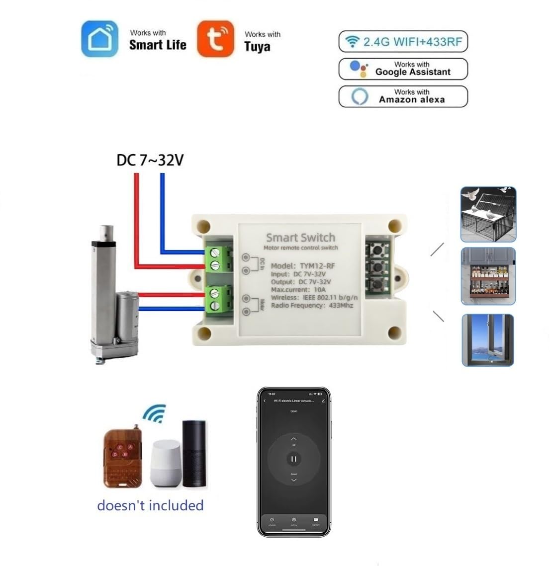 Interrupteur intelligent WiFi CC 7-32 V 10 A - Commande avant et arrière pour entraînement linéaire - Compatible avec app Tuya - Intégration Alexa