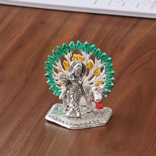 Image of KridayKraft Elegant Cowkrishna Murti - Divine Lord Krishna Idol for Home & Office Decor, Intricately Designed Pooja Statue & Spiritual Showpiece for Living Room, Bedroom, Temple (Silver)