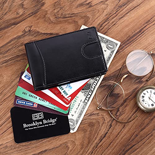 Image of Brooklyn Bridge Premium Leather Money Clip Wallet - Slim Front Pocket RFID Blocking Card Holder with Gift Box for Men