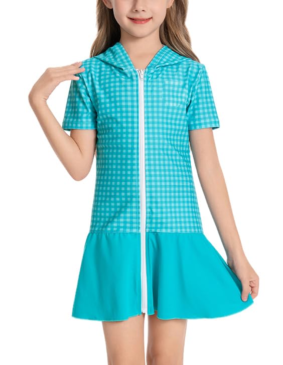 Image of Girls Sun Protective Swim Cover Up Hooded with Full-Length Zipper Short Sleeve UPF 50+ Beach Dress Coverup