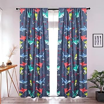 Sapphire Home Kids Window Curtain 2 Panel Sets - Toddler Curtains w/ 2 Rod Pockets & 2 Tiebacks - 38"x84" Kids Sharks Room Decor Boys - Sharks Navy