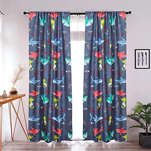 Sapphire Home Kinder Jungen Fenstervorhang Vorhänge mit Raffhaltern, lustiges Design Druck Fenstervorhang für Jungen Kinder, Ozean Haie Sealife Marine Kinderzimmer Dekor, (Vorhang, Haie Marineblau) Cover
