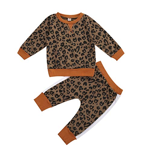 Toddler Baby Girl Boy Leopard Outfit Pullover Sweatshirt Tops Pants Sweatsuit 2Pcs Set Fall Winter Clothes (A- Brown,12-18 Months)