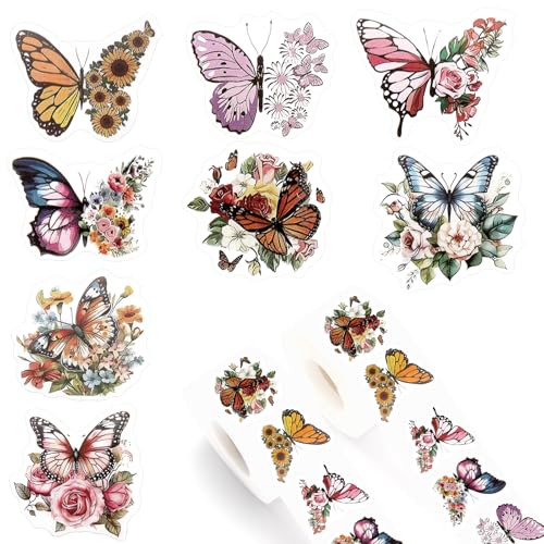 Pegatinas de mariposa, 1000 pegatinas de recompensa para niños, 8 diseños de flores y mariposas, bonitas pegatinas decorativas para álbumes de recortes, sobres, manualidades divertidas pegatinas de