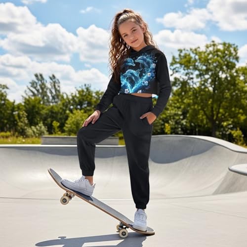 WELLFLYHOM Girls Cropped Hoodie and Jogger Pant Sets 4-13 Graphic Sweatsuit Long Sleeve Hooded Shirt and Sweatpants4