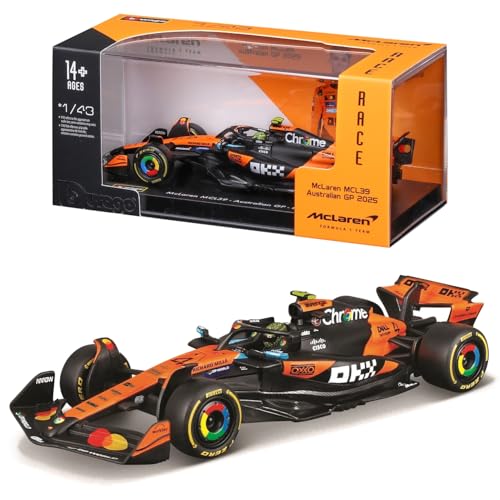 Bburago - McLaren F1 MCL39 2025#4 Norris, Coche diecast a Escala 1:43 con Vitrina expositora, réplica Detallada del F1 McLaren, Base incluida, Licencia Oficial, Edad Recomendada 14+ años