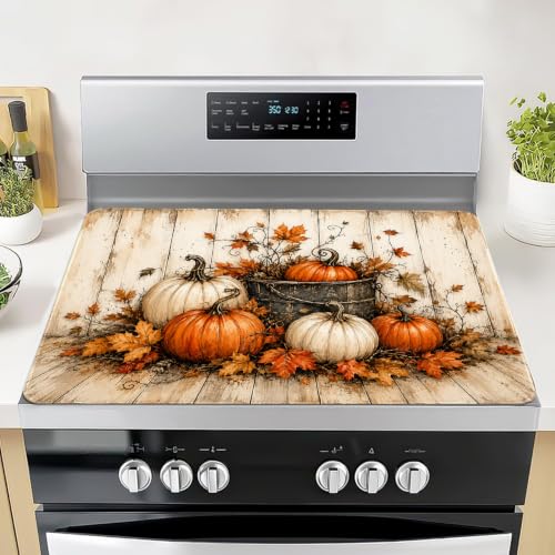 Image of Fall Pumpkin Stove Top Cover for Electric Stove 28 inchx 20 inch Wood Grain Background Heat Resistant Glass Top Stove Cover Protector, Glass Cooktop Covers, Kitchen Flat Stove Top Covers