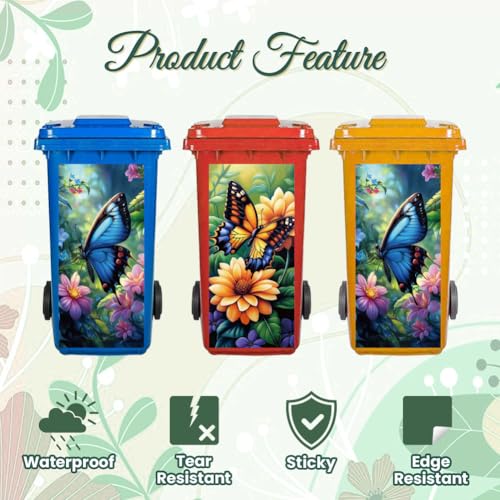 Image of Peacoblue Wheelie Bin Stickers 2 Sheets Butterfly and Flowers Sticky Dustbin Stickers Decals, 15 inch x 32 inch Waterproof Large Wraps for Trash Cans Bins Fridges Door Wall Garden Outdoor Indoor Patio Decor