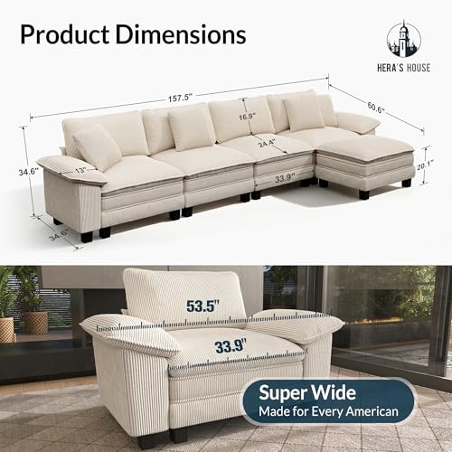 Image of HERA'S HOUSE 158 inch Oversized Modular Sectional L Shaped Sofa, Corduroy Beige | 5-Seater Living Room Couches, Wider Armrest and Deep Seat, Comfy Cloud Couch with Ottoman, Wood Sturdy Frame