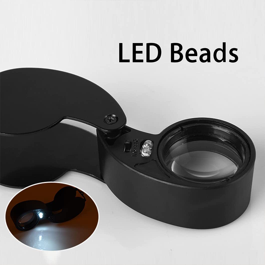 CanEve 40 x metalowa mini szkło powiększające składane kieszonkowe szkło powiększające z diodami LED, podświetlana lupa jubilerska lupa do lutowania, inspekcji, monet, biżuterii A lupa