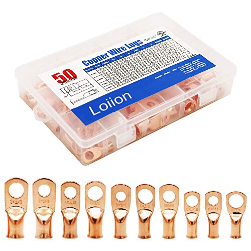50pcs Copper Wire Lugs,10 Types UL Listed Heavy Duty Wire Lugs Battery Cable Closed Ends Bare Copper Eyelets Tubular Ring Terminal Connectors Assortment Kit