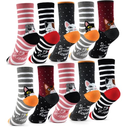 HAGOT 10 Pares Calcetines Para Niñas, Calcetines Niño Deportivos De Animales Dibujos, 35-38 EU