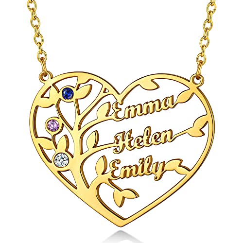 Custom4U Collar Personalizado Arbol de Vida con 3 Nombres Colgante Personalizado Mujer Acero Inoxidable 316L para Mejores Amigas Regalo Día Madre Cumpleaños Circonita Colorado