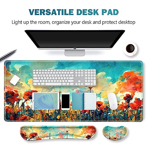 Image of ARTSO Gaming Mouse Pad Wrist Support Set, XXL Large Desk Mat Mousepad + Keyboard Wrist Support+ Mouse Wrist Rest+Coaster 4in1 Ergonomic, Stitched Edge for Home Office -Oil Painting Flowers Plants