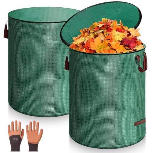 Lot de 2 sacs à déchets de jardin 120 l : sacs à déchets de jardin avec couvercle et 2 poignées, pliable, étanche, réutilisables, sacs à déchets de jardin, sacs à feuilles pour herbe, feuilles, haie