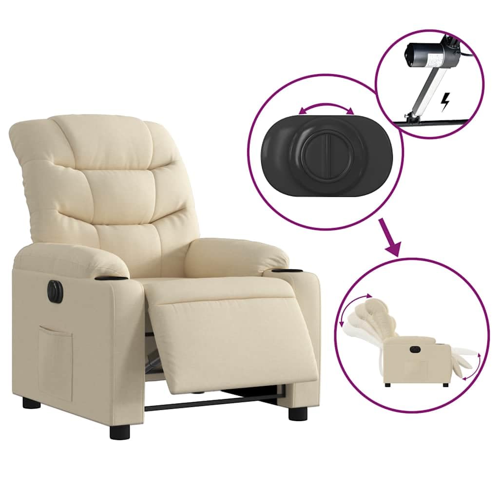 Poltrona relax elettrica in tessuto crema con funzione reclinabile elettrica, poggiapiedi e schienale, 75,5 x 93 x 99,5 cm, comoda sedia imbottita per soggiorno, camera da letto e angolo