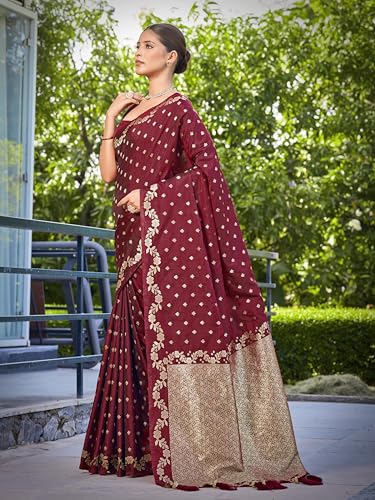 Image of MANOHARI Women's Trendy Banarasi Satin Silk Woven Saree with Heavy Jacquard Work, Elegant Design for Women with Lace Border Unstitched Blouse Piece for Weddings & Festive Occasions