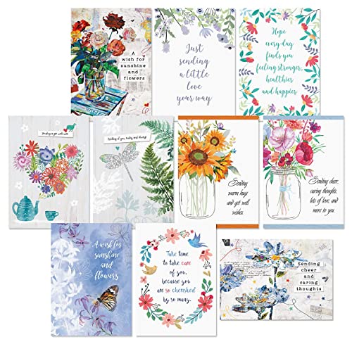 Current Caring Get Well Wishes Greeting Cards Value Pack - Set of 20, 10 Unique Designs, Large 5 x 7 Inch Cards, Sentiments Inside, Envelopes Included