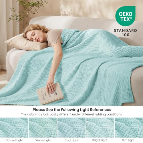 Love's cabin 100% Cotton Muslin Blanket, 6 Layer Lightweight Breathable Gauze Large Throw Blanket 50 x 70 Inches, Soft Cooling All Season Blanket for Couch or Sofa, Cyan by Love's cabin - Used condition - Image 5