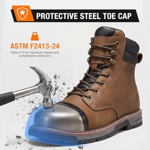 Image of NINGO Steel Toe Work Boots for Men, Water Resistant Crazy Horse Leather | Comfortable Lightweight Non Slip Work Shoes, EH Protection Steel Toe Boots, Arch Support, Construction Industrial Warehouse