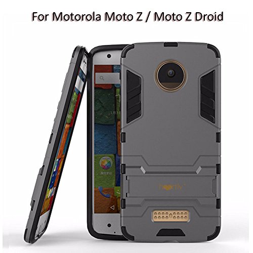 Image of Heartly Back Case Cover Compatible with Motorola Moto Z /Moto Z Droid - Metal Grey - Graphic Kickstand Hard Dual Armor Hybrid Rugged Bumper