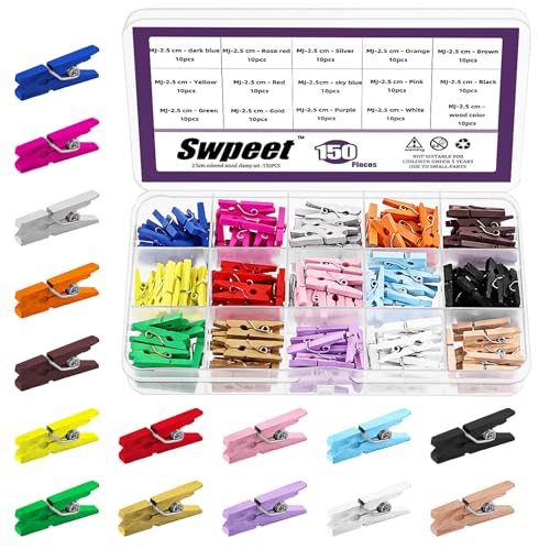 Sweet Lot de 150 mini pinces à linge en bois naturel de 2,5 cm - 15 couleurs résistantes à la rouille - Pour travaux manuels, photos, petites cartes...