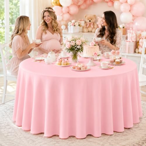 Image of WNINK 4 Pack Light Pink Round Tablecloth, 84 Inch Disposable Plastic Table Covers, Light Pink Round Table Cover for Birthday Parties, Holiday, Picnic, BBQ, Family Gathering Party Supplies