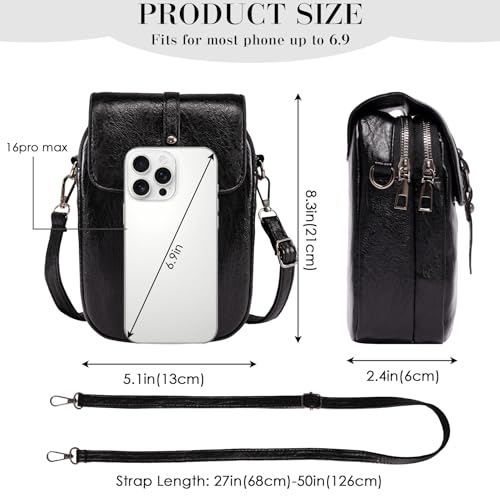 Small Crossbody Bags for Women Men, Vintage Leather Cell Phone Purse with 2 Zipper Pockets, Trendy Black Handbags with Earphone Hole, Lightweight Shoulder Bags for Travel Shopping Dating2