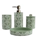 Hymmah Green Bathroom Accessories Set,Unique Design Bathroom Set 4 Pcs Resin Gift Set Apartment Necessities, Contain Cotton Swab Jar,Soap Dispenser,Soap Dish,Tumbler White