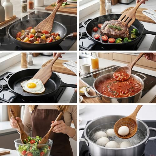 Image of 4 Pcs Luxury Acacia Wood Cooking Spoons Set-Mixing Spoon, Salad Fork, Slotted Spoon, Serving Spoon-Wooden Kitchen Utensil Tools Gadgets