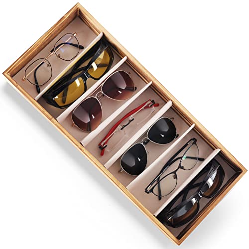 Kurtzy Sonnenbrille Box & Brillen Organizer aus Holz - 7 Fächer für 7 Brillen - 7 Fächer für Brillen & Sonnenbrillen Aufbewahrung - Brauner/Naturfarbener Unisex Brillen Ständer