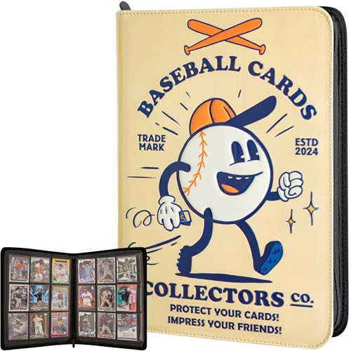 Image of Baseball Card Binder - 9 Pocket Album w Zipper - 360 Side Loading Sleeves Book for Baseball Trading Cards - 3D PU Leather with Vintage Design - Works with Topps, Bowman, Panini...