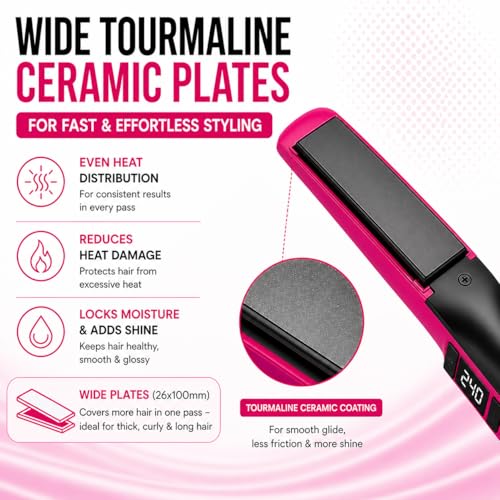 Image of TORLEN Signature Pro Hair Straightener TOR-043 | Wide Tourmaline Ceramic Plates for Thick, Curly & Long Hair | 3D Floating Plates | Fast Heat-Up in 30 Sec | Adjustable Temp 130C-240C | Keratin & Rebonding Ready | Salon Finish at Home (Pink)