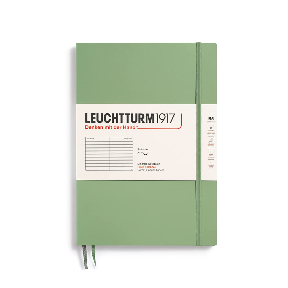 LEUCHTTURM1917 363927 Notebook Composition (B5), Softcover, 123 Numbered Pages, Sage, Ruled